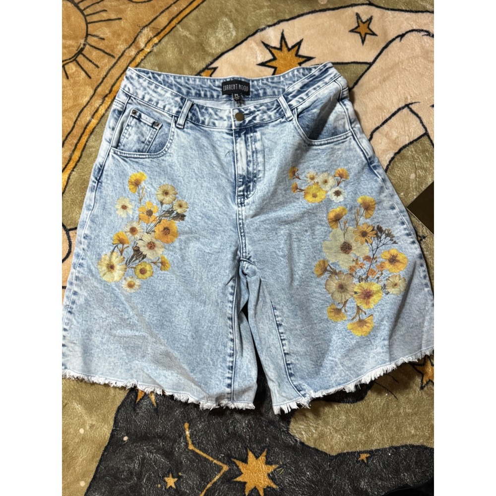 Current Mood Women's Floral Print Denim Bermuda Shorts Acid Wash Medium